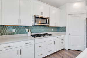 Included with pantry, custom backsplash tile, modern hardware and abundant counter space