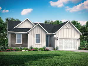 Modern farmhouse with board and batten siding, roof with shingles, a front lawn, a garage, and driveway