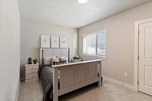 Bedroom featuring light carpet and a textured ceiling