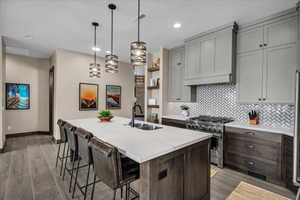 Kitchen with stainless steel stove, backsplash, an island with sink, pendant lighting, and open shelves