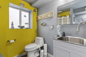 Bathroom with vanity and a shower with shower curtain