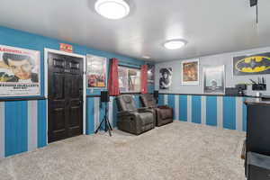 Carpeted cinema featuring a wainscoted wall