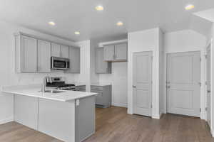 Kitchen with a peninsula, stainless steel appliances, recessed lighting, gray cabinets, and dark wood-type flooring