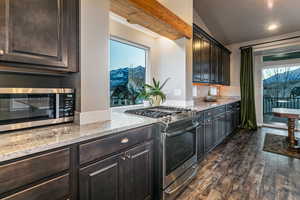 Kitchen featuring stainless steel appliances, light stone counters, dark wood-type flooring, dark brown cabinetry, and vaulted ceiling