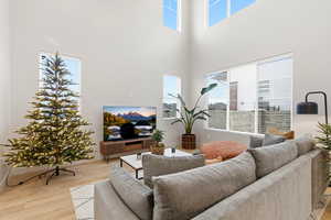 Living area featuring light wood finished floors and a high ceiling