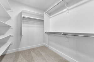Walk in closet with light carpet