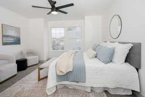 Bedroom featuring carpet flooring and ceiling fan