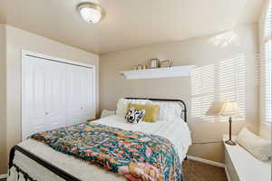 Bedroom with carpet flooring and a closet