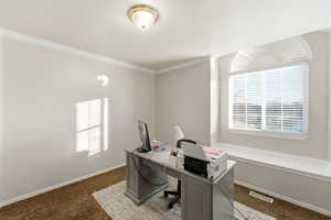Carpeted office with plenty of natural light and ornamental molding