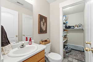 Bathroom featuring vanity and stone finish flooring