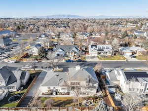 Aerial perspective of suburban area with mountains