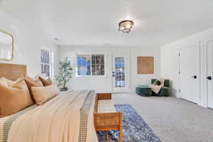 Carpeted bedroom featuring multiple windows, access to exterior, and a textured ceiling