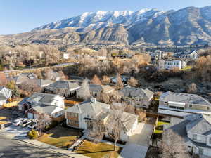 Aerial view of residential area with a mountainous background