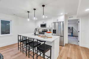 Kitchen with stainless steel appliances, a kitchen breakfast bar, white cabinets, a center island with sink, and light wood-style flooring