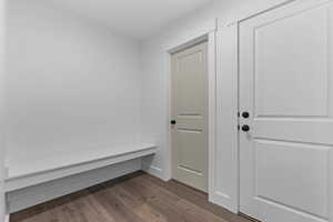 Mudroom featuring dark wood-style floors