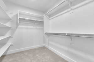 Walk in closet with light colored carpet