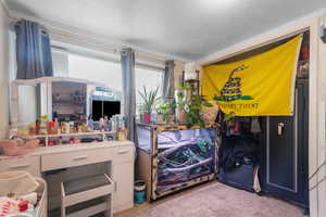 Bedroom with light carpet and a textured ceiling