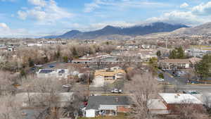 Aerial view of residential area with mountains