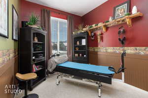 Game room with wainscoting and carpet floors