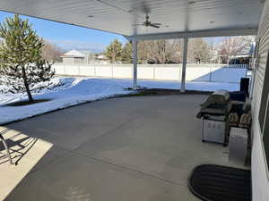 Fenced backyard featuring a ceiling fan, a patio area, and a grill