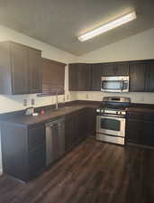 Kitchen featuring vaulted ceiling, dark countertops, appliances with stainless steel finishes, dark wood-style flooring, and dark brown cabinetry