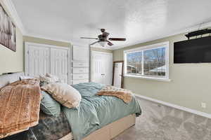 Bedroom featuring multiple closets, crown molding, carpet flooring, ceiling fan, and a textured ceiling