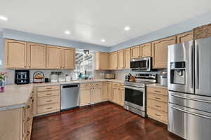 Kitchen with stainless steel appliances, light brown cabinets, light countertops, dark wood-style floors, and recessed lighting