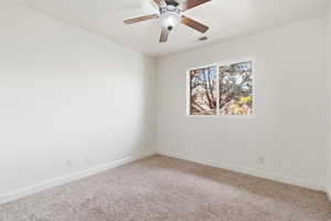 Neutral-toned room featuring a ceiling fan with wood-finish blades, a single window, and plush carpet flooring