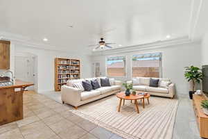 Open concept living area featuring recessed lighting and a ceiling fan