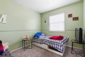 Bedroom featuring carpet and baseboards