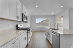 Kitchen featuring appliances with stainless steel finishes, white cabinetry, dark wood-style floors, a center island with sink, and recessed lighting