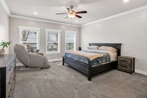 Master Bedroom featuring ornamental molding, light carpet, ceiling fan, and recessed lighting