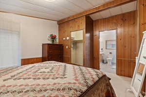 Carpeted bedroom featuring a closet, wooden walls, and ensuite bath