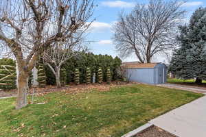 View of green lawn with an outbuilding