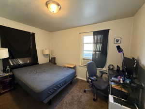 Bedroom featuring dark carpet