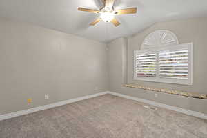 Unfurnished room with lofted ceiling, ceiling fan, carpet floors, and a textured ceiling