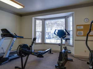 Workout room with ornamental molding