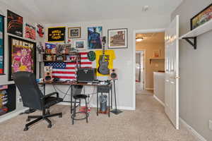 Home office featuring light colored carpet, attic access, and a textured ceiling