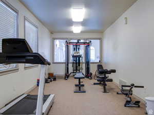 Workout area featuring carpet and baseboards