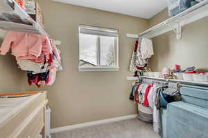 Walk in closet with light colored carpet