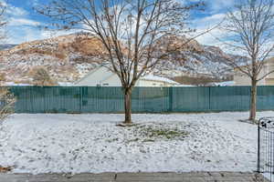 Yard layered in snow featuring a mountain view