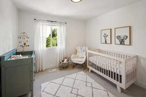 Bedroom with a crib and light carpet