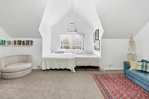 Carpeted bedroom with vaulted ceiling and baseboards