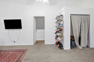 Bedroom with light carpet and ceiling fan