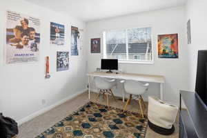 Home office with light colored carpet and baseboards