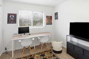 Office space featuring light colored carpet