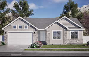 Craftsman-style house with stone siding, driveway, and a garage
