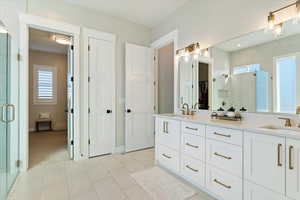 Bathroom featuring a shower stall, double vanity, and a walk in closet