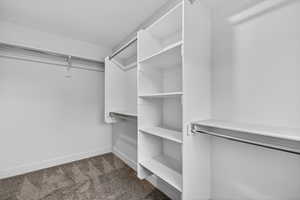 Walk in closet with dark colored carpet