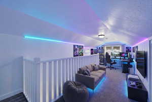 Office area featuring carpet floors, vaulted ceiling, and a textured ceiling